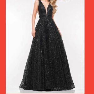 Colors - formal gown, black sequins v-neck, sleeveless A line. Size 2.